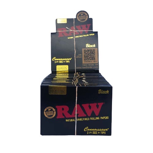 Carton Raw Black Connoisseur 1/4 + tips (24 paquets) RAW Feuille à rouler