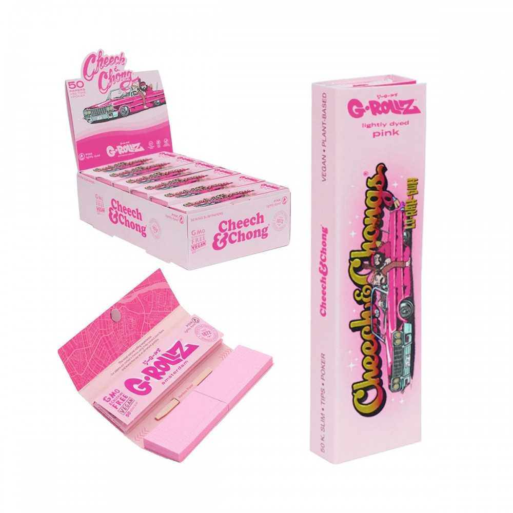 G-Rollz Carta Cheech Chong Lightly Dyed Pink King Slim + Tips Display 24 pezzi G-Rollz Prodotti