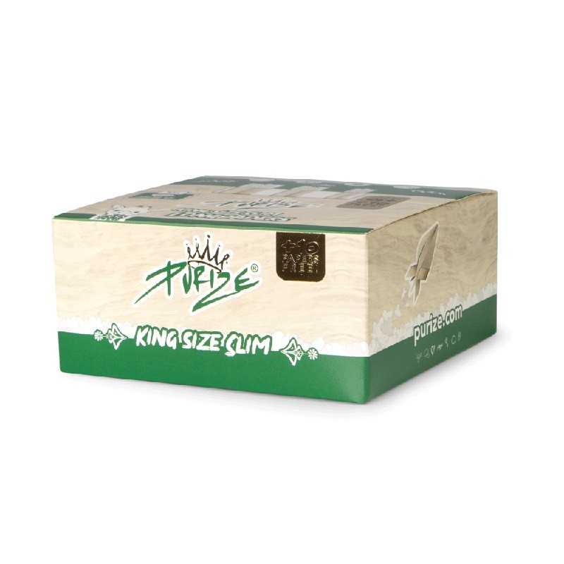 Karton mit PURIZE® King Size Slim Rolling Paper Purize filters Produkte