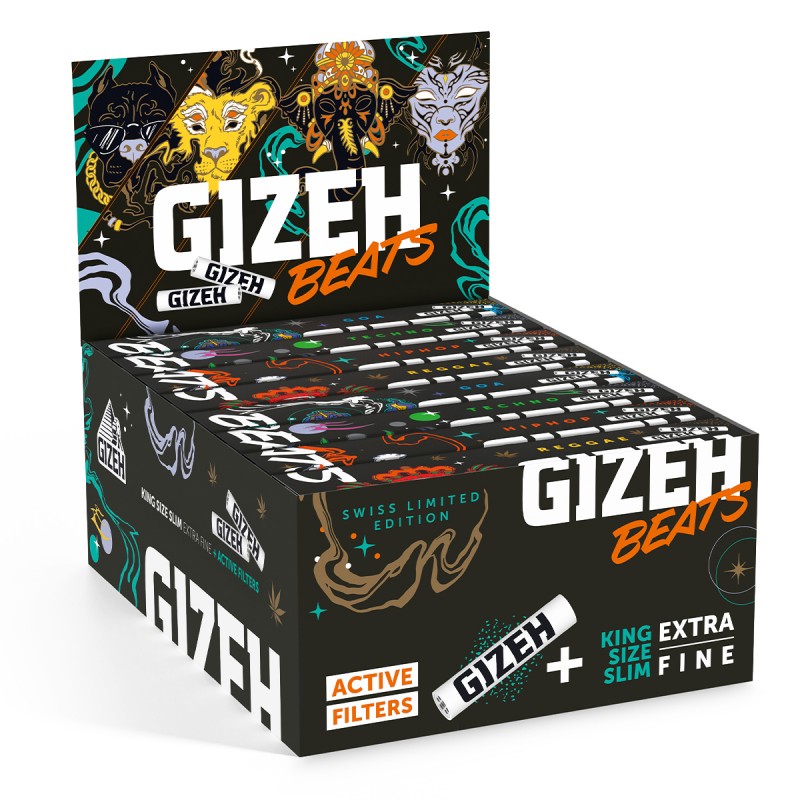 Karton GIZEH Beats Swiss EDT Kingsize Slim Papers + Active Tips Display 16St Gizeh Blatt zum Rollen