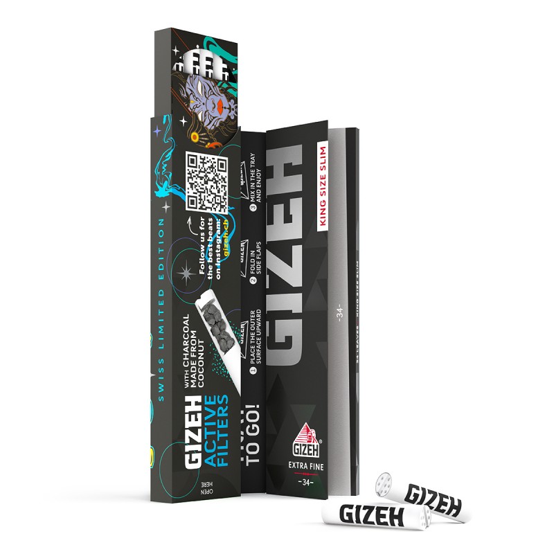 Feuilles à rouler GIZEH Beats Swiss EDT Kingsize Slim Papers + Active Tips Display 16pcs Gizeh Feuille à rouler