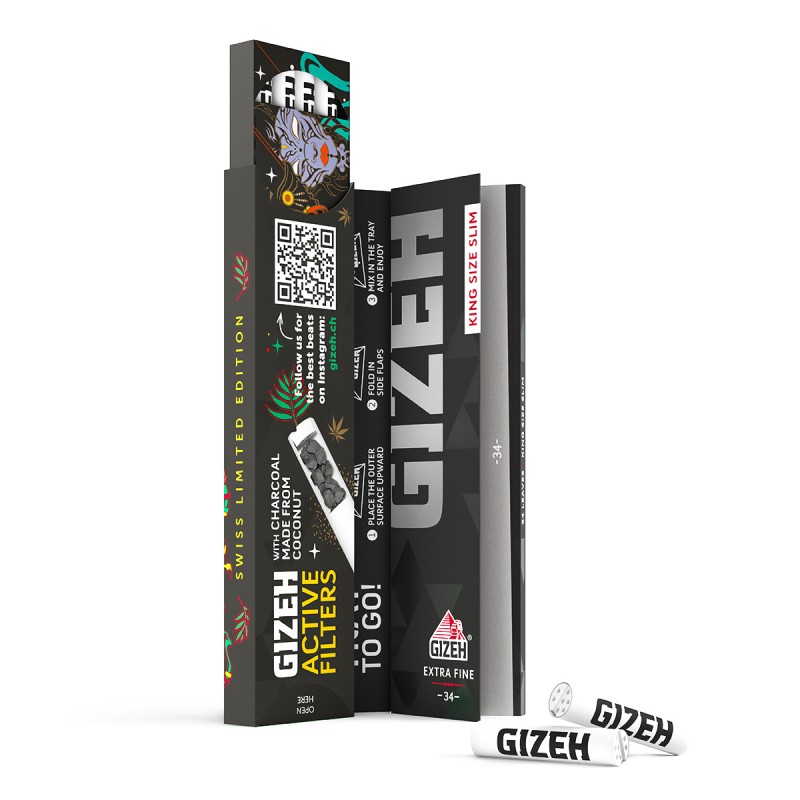 Carte da rollare GIZEH Beats Swiss EDT Kingsize Slim Papers + Active Tips Display 16pcs Gizeh Foglio di laminazione