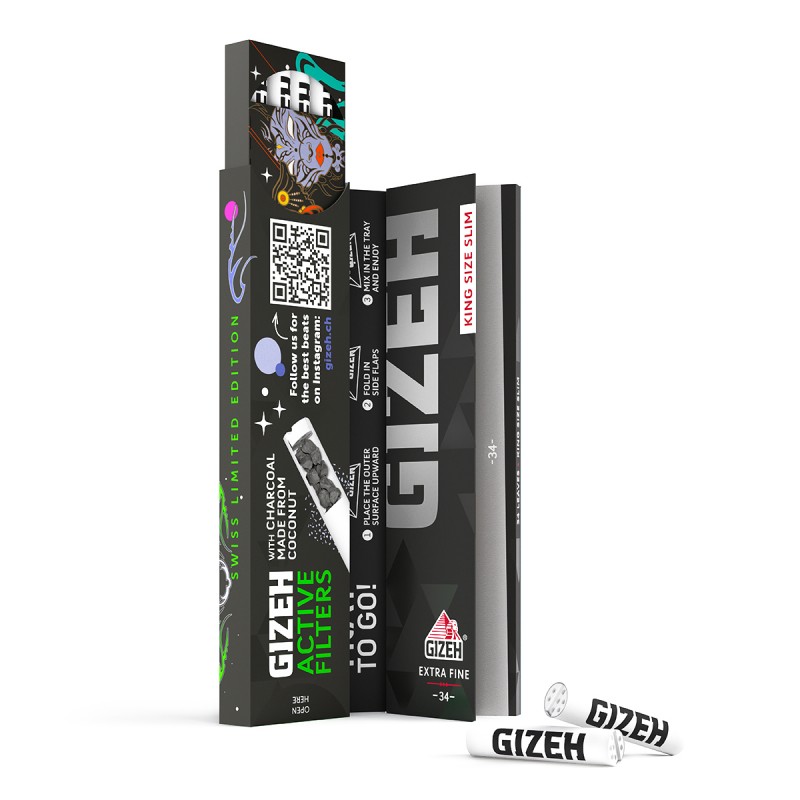 Feuilles à rouler GIZEH Beats Swiss EDT Kingsize Slim Papers + Active Tips Display 16pcs Gizeh Feuille à rouler