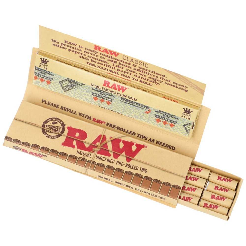 Raw Slim Connoisseur + Vorgerollte Tips RAW Blatt zum Rollen